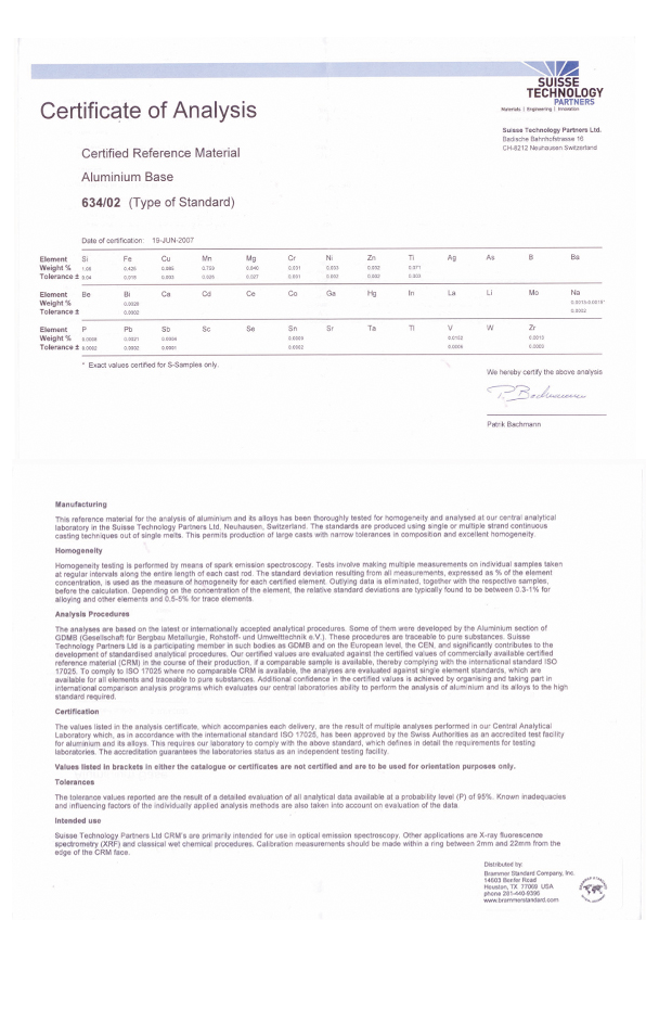 進(jìn)口瑞士鋁業(yè)鋁合金光譜標(biāo)樣 AL 634/02標(biāo)樣證書